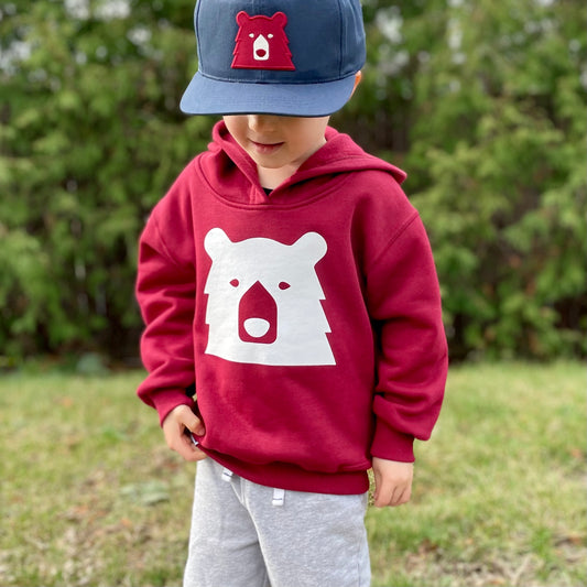 Kids Big Bear Pop Over Hoodie - Maroon with White