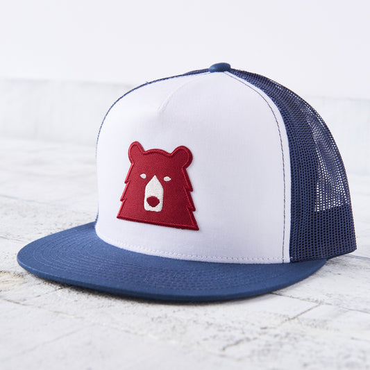 Mesh Poplin Hat - Navy/White with Red Bear