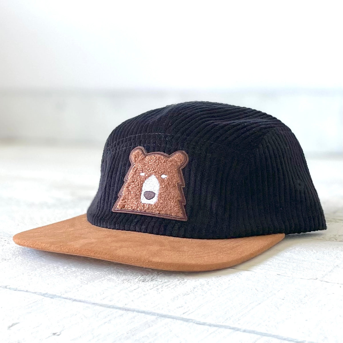 5 Panel Cord - Black/Camel with Brown Chenille Bear