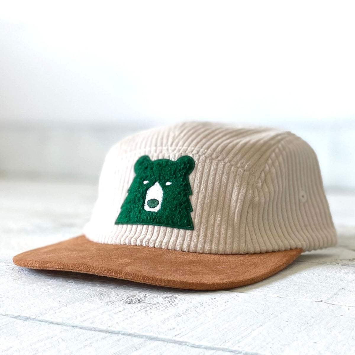 5 Panel Cord - Cream/Camel with Spruce Chenille Bear