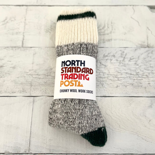 Chunky Wool Work Sock - Grey Marl with Dark Olive Stripe