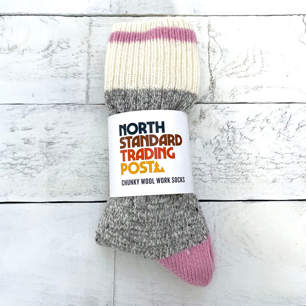 Chunky Wool Work Sock - Grey Marl with Pink Stripe