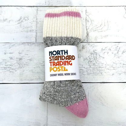 Chunky Wool Work Sock - Grey Marl with Pink Stripe