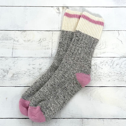 Chunky Wool Work Sock - Grey Marl with Pink Stripe