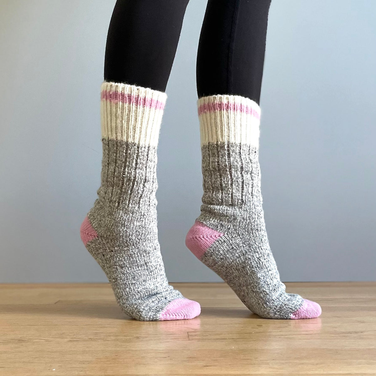 Chunky Wool Work Sock - Grey Marl with Pink Stripe