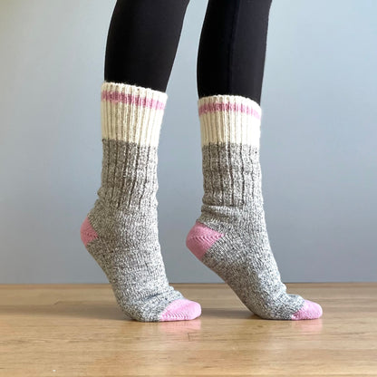 Chunky Wool Work Sock - Grey Marl with Pink Stripe