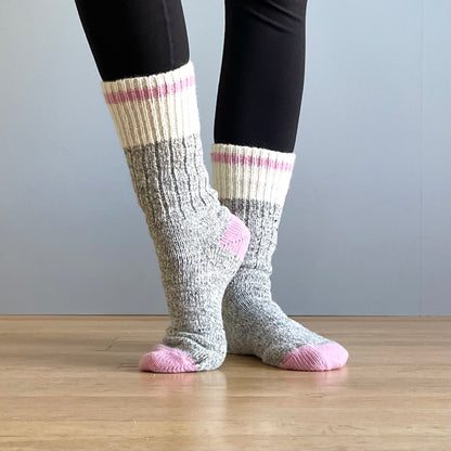 Chunky Wool Work Sock - Grey Marl with Pink Stripe