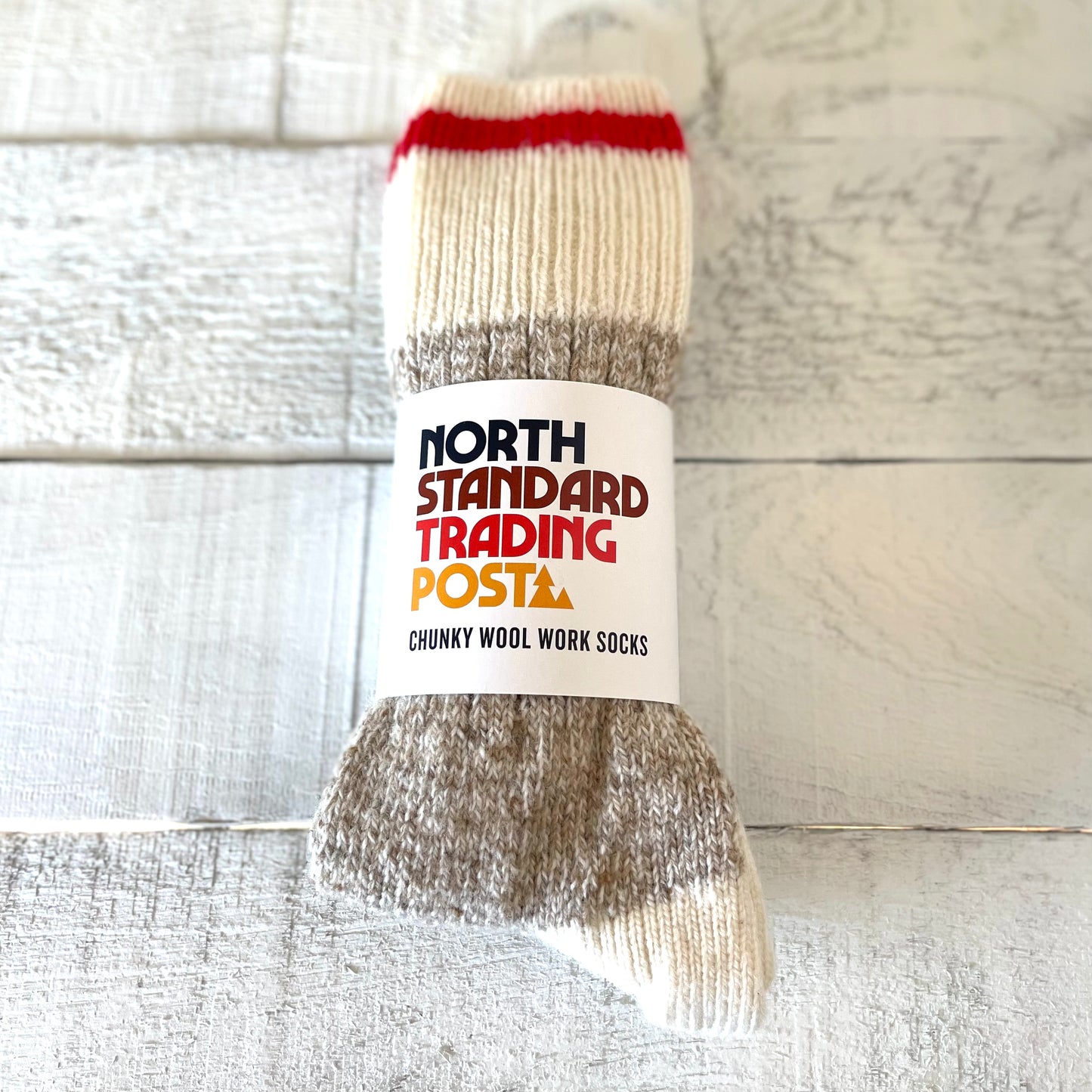 Chunky Wool Work Sock - Oatmeal with Red Stripe