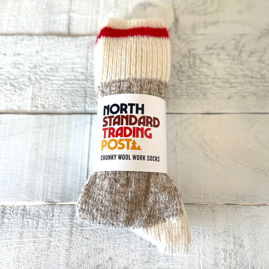 Chunky Wool Work Sock - Oatmeal with Red Stripe