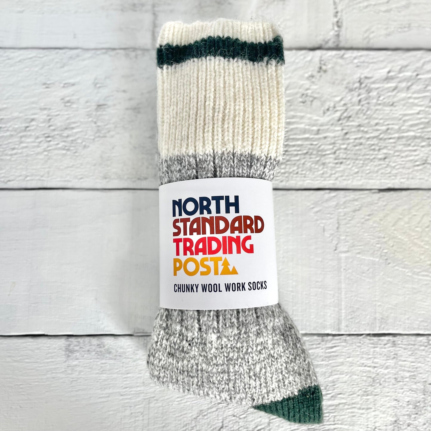 Chunky Wool Work Sock - Grey Marl with Dark Olive Stripe