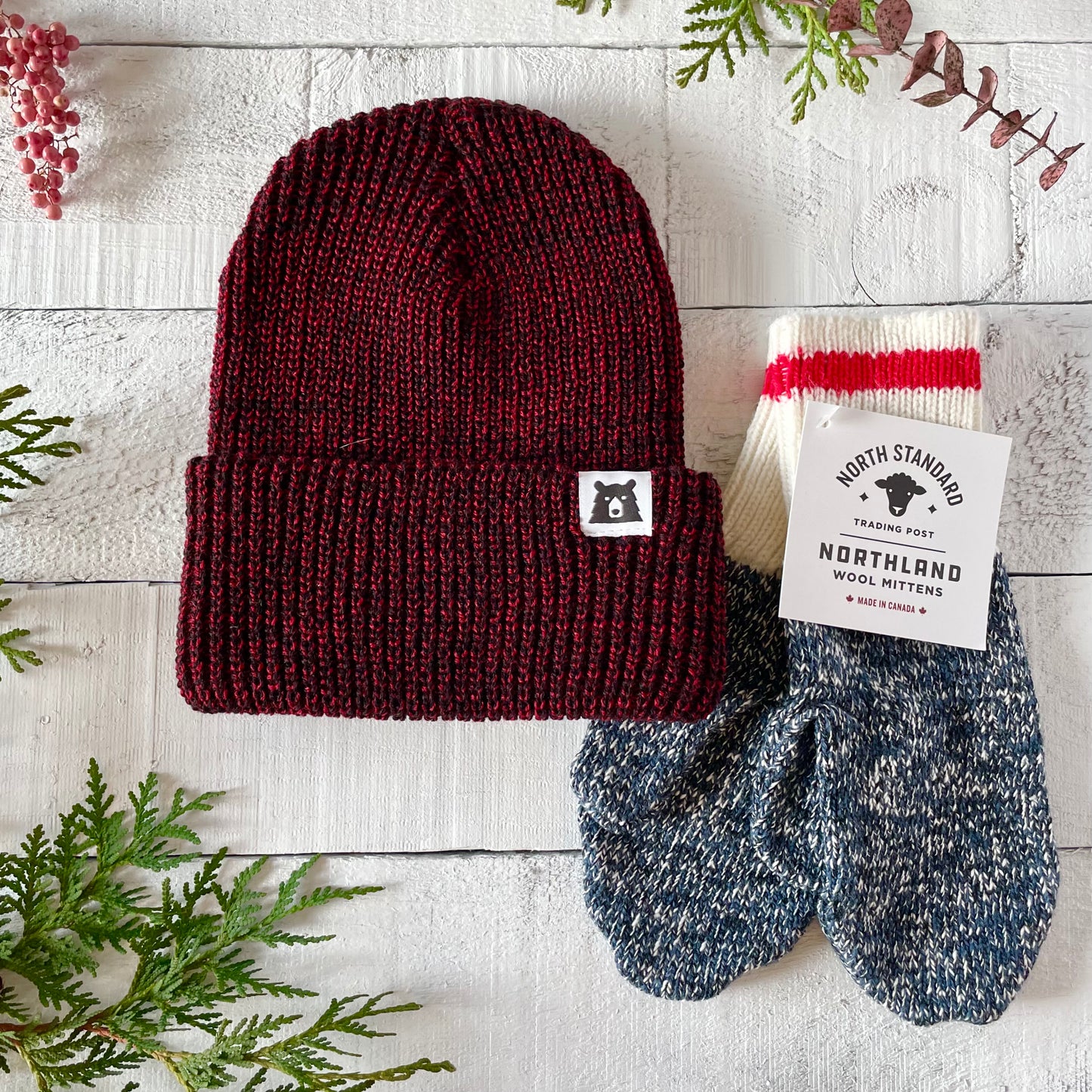 Snowfall Toque & Northland Mitten Bundle - Burgundy Marl/Navy